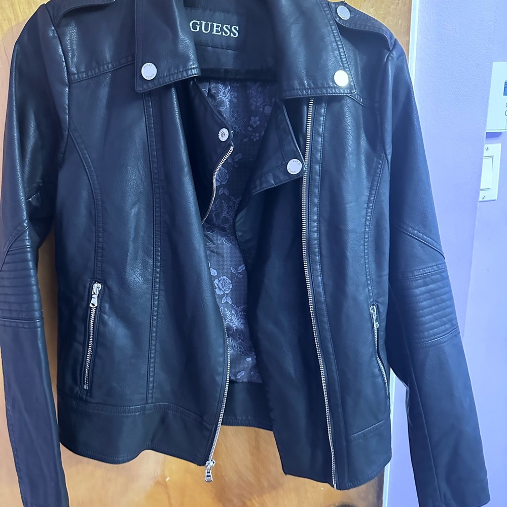 Guess Women's Black Leather Jacket with Silver Accents